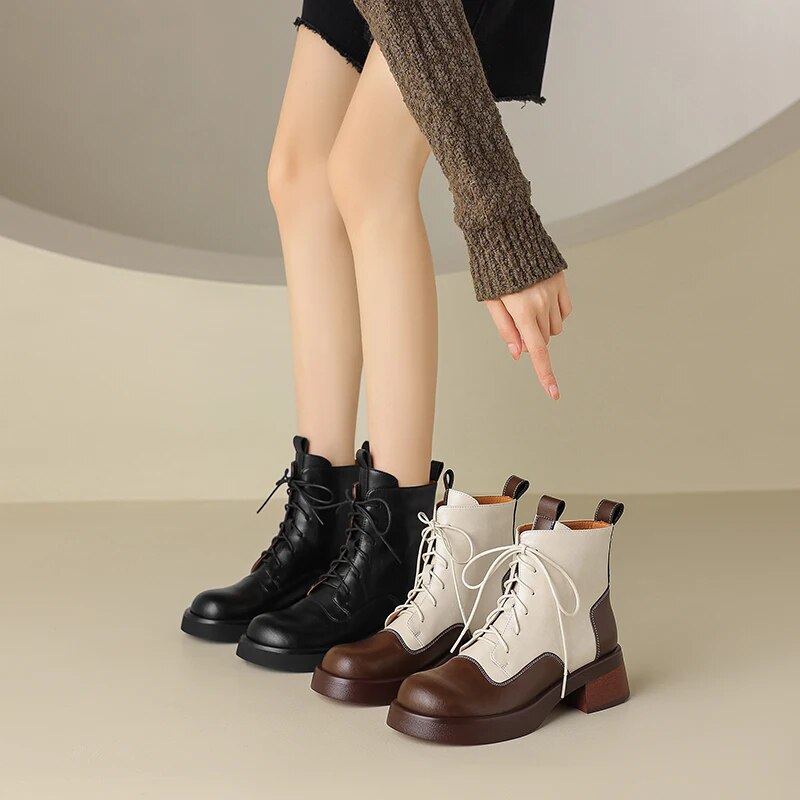 Ankle Boots Genuine Leather Block Heel Lace Up Mixed Colors Warm Footwear Winter Flat Retro Short Boots KilyClothing