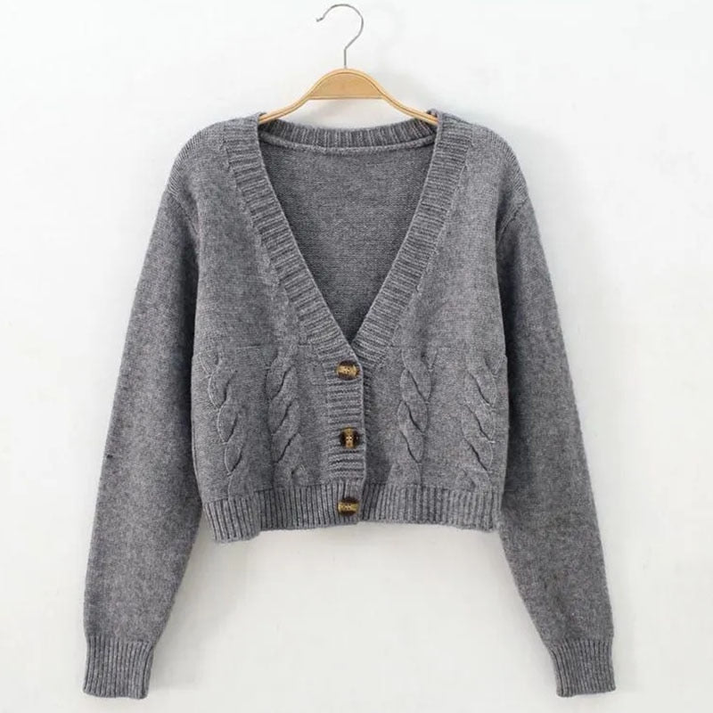 Solid Short Cardigans Sweater Knitted Causal Long Sleeve KilyClothing