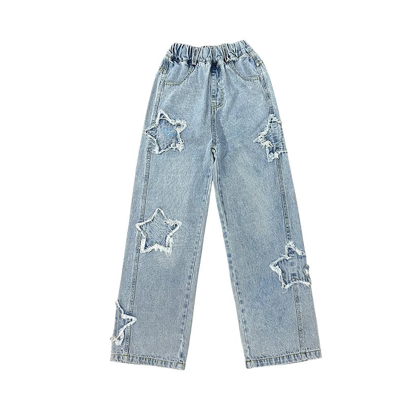 Pantalones de pierna ancha de mezclilla para niñas adolescentes, jeans para niñas con patrón de estrellas de 5 a 14 años