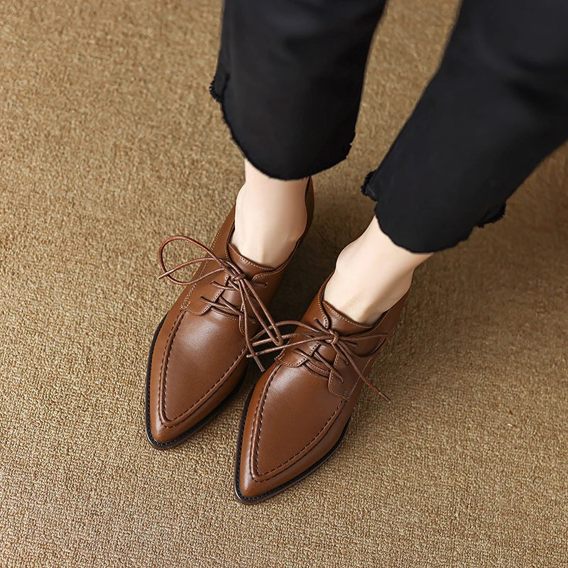 Working Casual Women Pumps Low Heels Comfortable Spring Summer Genuine Leather Lace-Up Shoes Woman Mature Retro Style KilyClothing