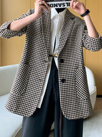 Vintage Houndstooth Woolen Blazer Jackets Fashion Elegant Casual Outerwear Coat With Belt KilyClothing