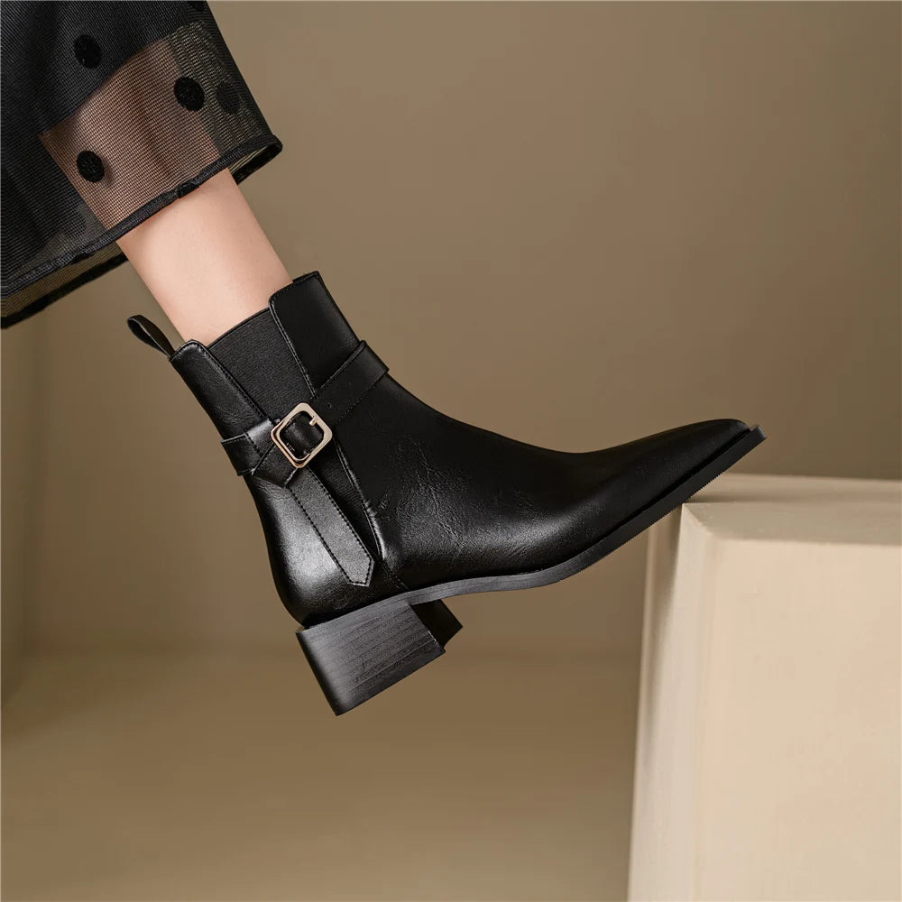 Women Genuine Leather Ankle Boots Pointed Toe Square Heeled Mature Shoes Woman Autumn Winter Office Lady Chelsea Boots