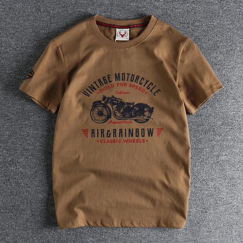 Camiseta Retro de manga corta con cuello redondo y estampado de motocicleta para hombre, Tops deportivos informales lavados de algodón 100% sencillos a la moda