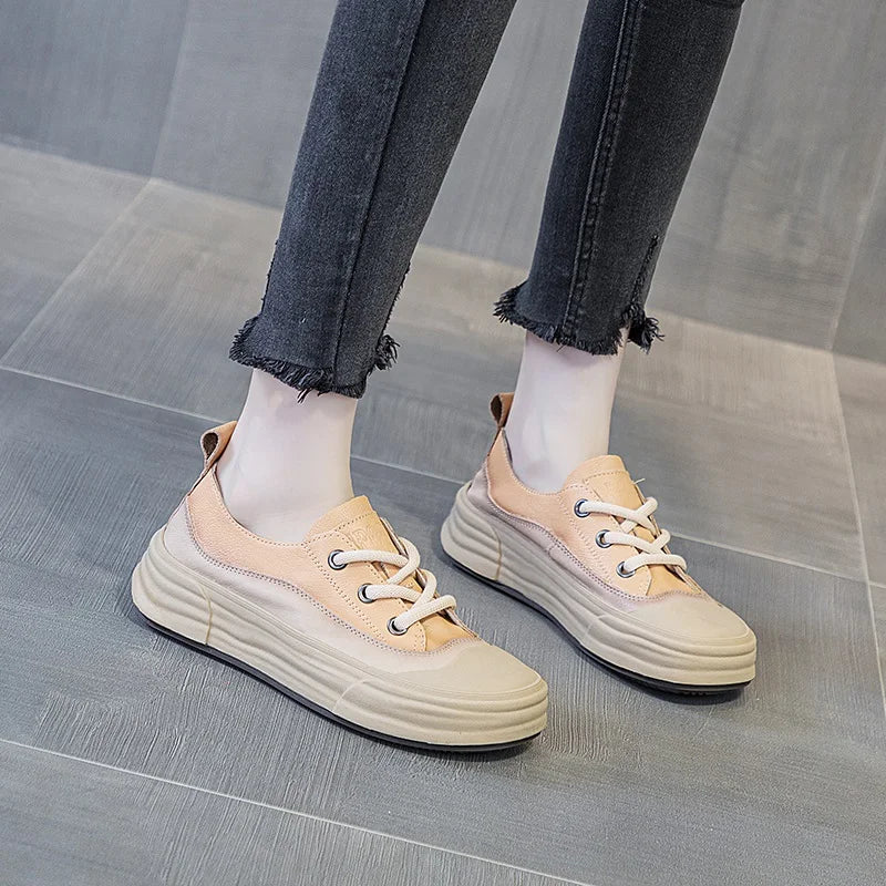 Women's sneakers, casual flat shoes Lace-Up round toe, Genuine Leather Chunky Platform Casual Sneakers KilyClothing