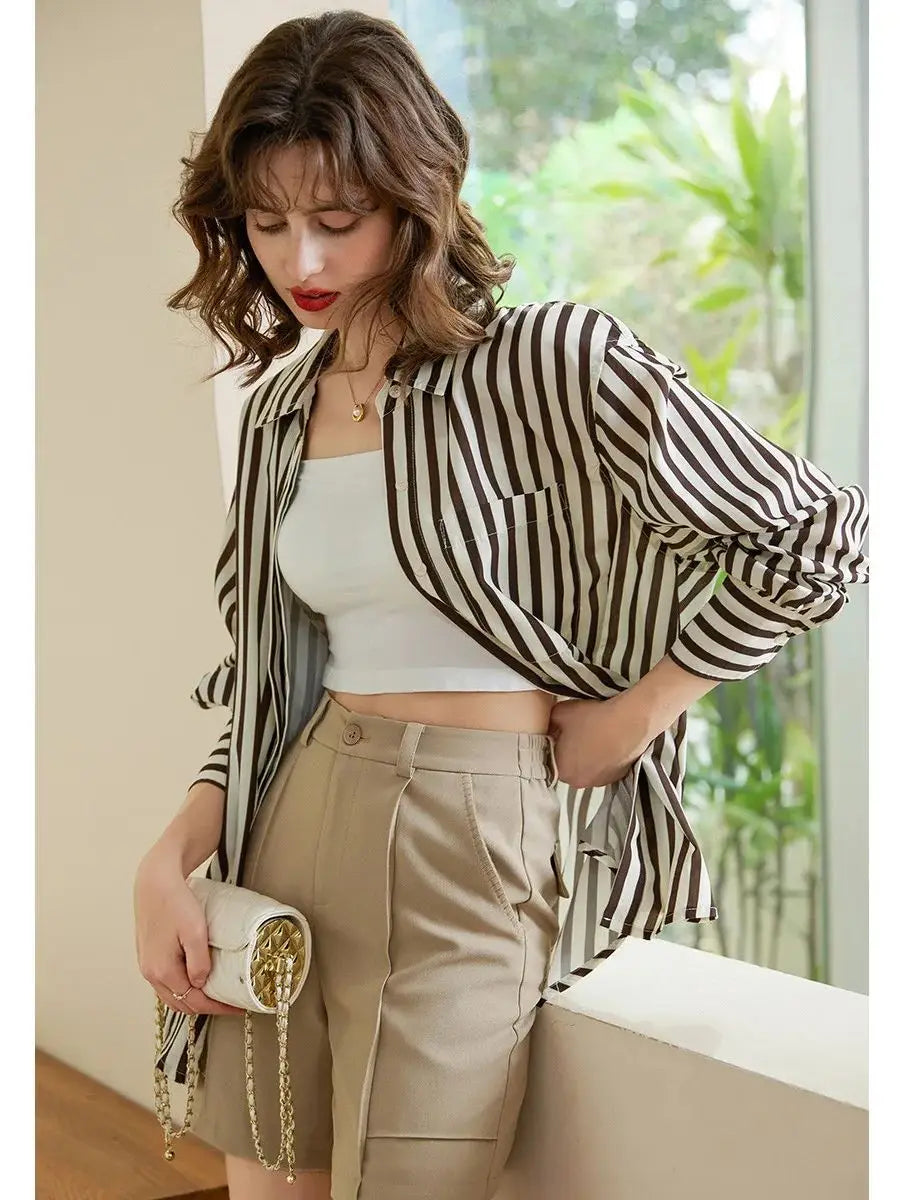 Women Turn Down Collar Blouse,  Spring Striped Shirt Loose Fit Fashion Casual Long Shirt Top