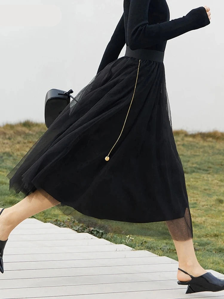Faldas casuales de mujer de malla de doble capa, falda larga negra elegante recta con lunares en línea A