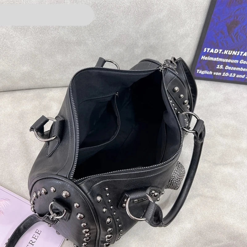 Trendy Metal Skull Studded Black Handbags Gothic Rivet Womens Purse Satchel Handbag Shoulder Bags Large Capacity KilyClothing