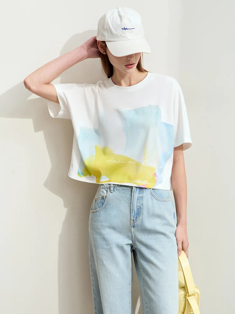 Camisetas minimalistas para mujer, novedad de verano, informal, cuello redondo, costuras en contraste de tinta, gráfico corto