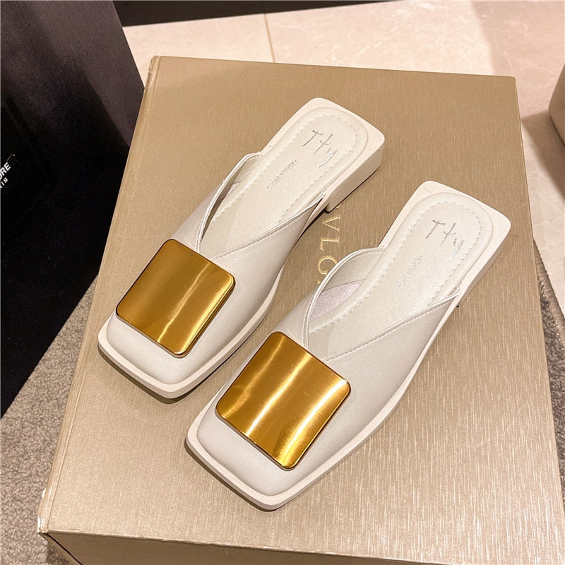 Slippers Fashion Metal Buckle Mules Flat Heels Square Toe Shallow Shoes Outdoor Slide Female Casual Sandal KilyClothing