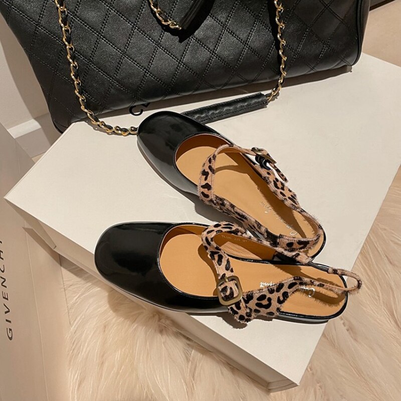 Low-heel Leather Round Toe Splicing Leopard Print One-line Buckle Women Shoes KilyClothing