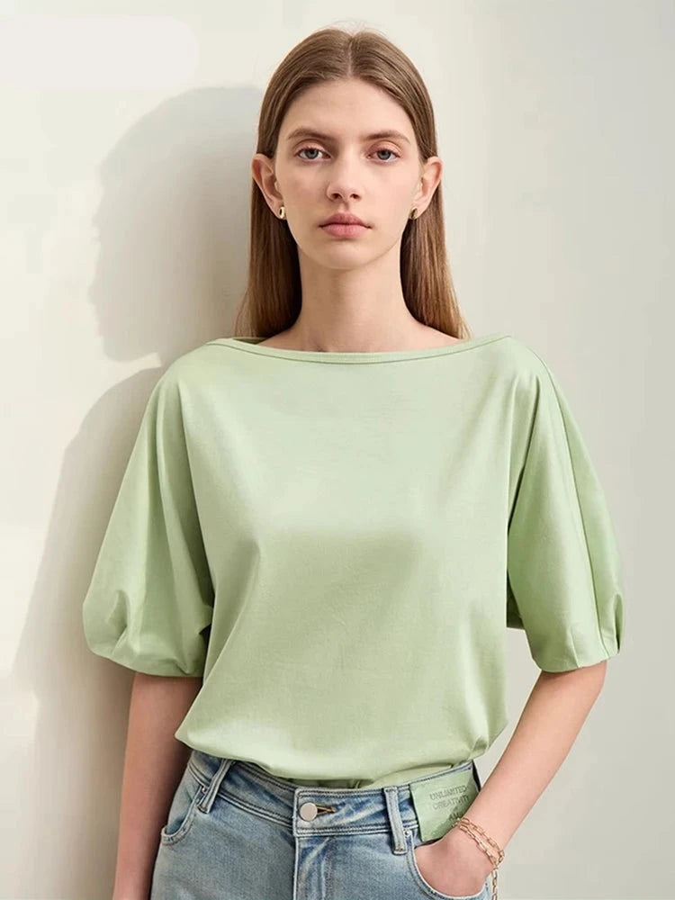 Camisetas minimalistas para mujer, algodón liso, cuello oblicuo, manga farol suelta