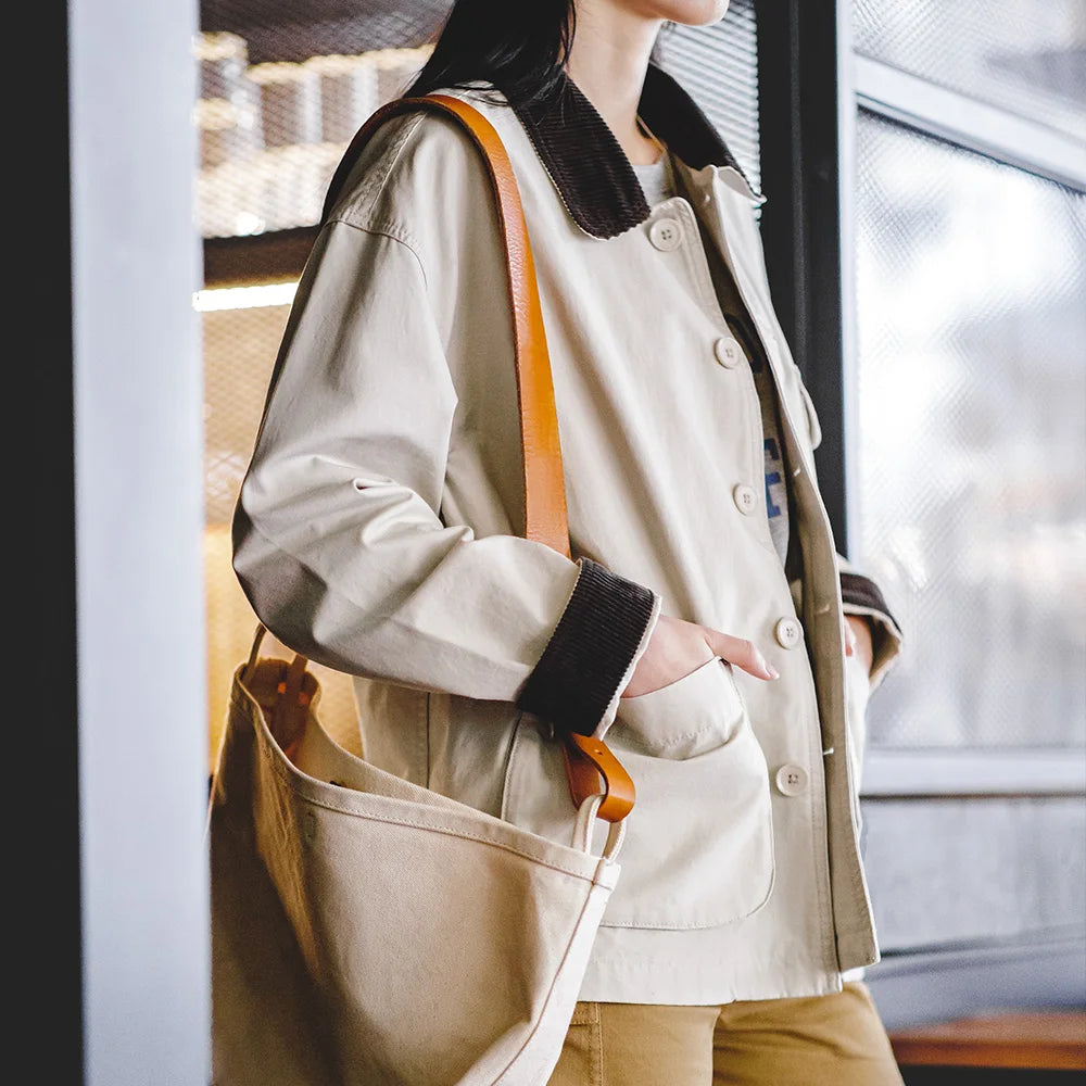 Abrigo vintage de bolso grande de pana para mujer, chaqueta con cuello levantado, ropa de trabajo de algodón