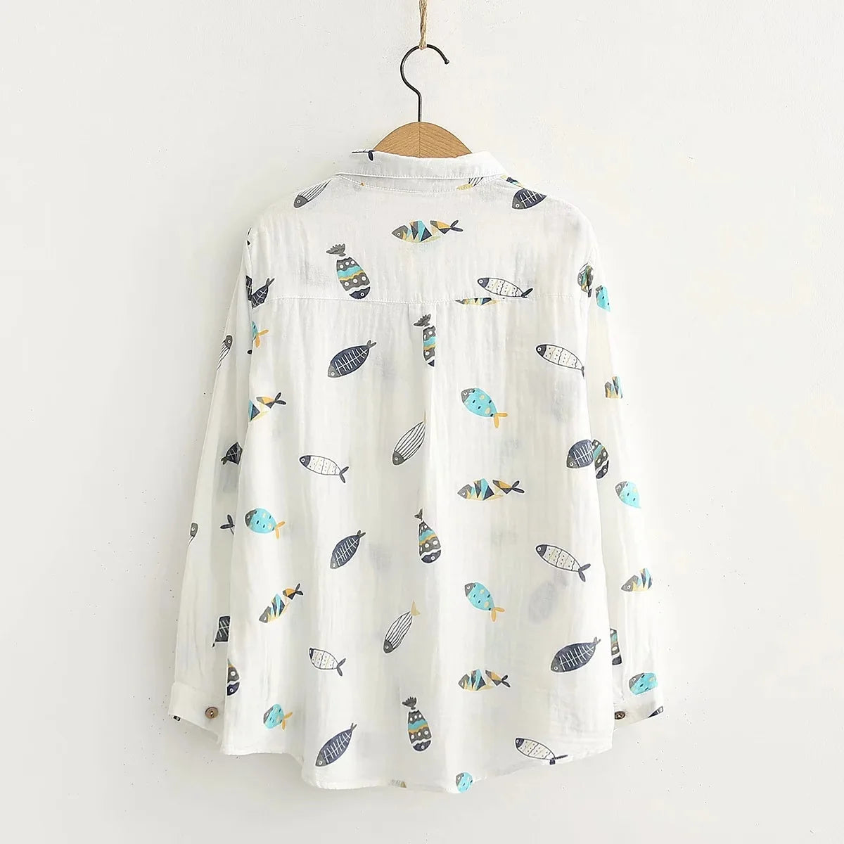 Spring shirt for Women 2 Layer Cotton Yarn, White with Fish Print, Full Sleeve, Round Collar Loose Blouse Casual Tops A KilyClothing