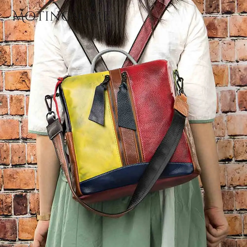 Genuine Leather Backpack Cow Leather Random Color Patchwork Style Unisex Useful Backpacks for Ladies KilyClothing