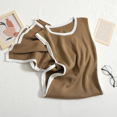 Korean Contrast Color Knitted O Neck Dress /Slim Waist Slim Slit Sleeveless Vest Casual KilyClothing