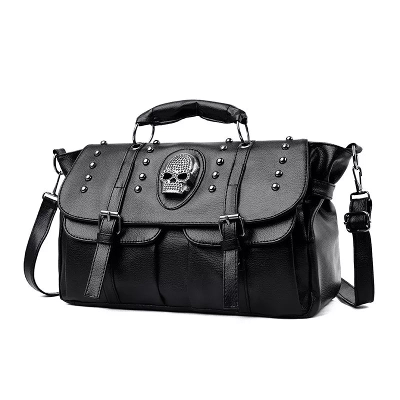 Punk Style Women Handbags Pu Leather Skull Tote Bag Black Large Capacity Shoulder Bag KilyClothing