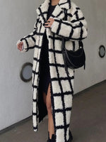 Faux Lamb Plaid Lapel Long Coat Full Sleeve Button Pocket Casual Overcoat Office Lady Elegant Windbreaker KilyClothing