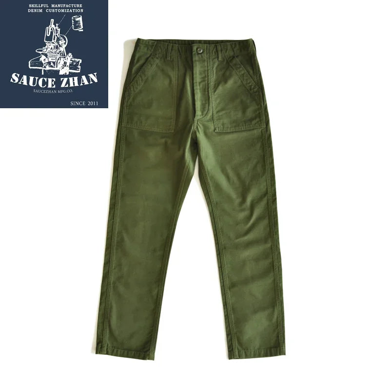 SauceZhan OG-107 Fatigue Utility Pants Military Pants VINTAGE Classic Olive Sateen Men's Baker Pants Satin Cotton Straight Fit KilyClothing