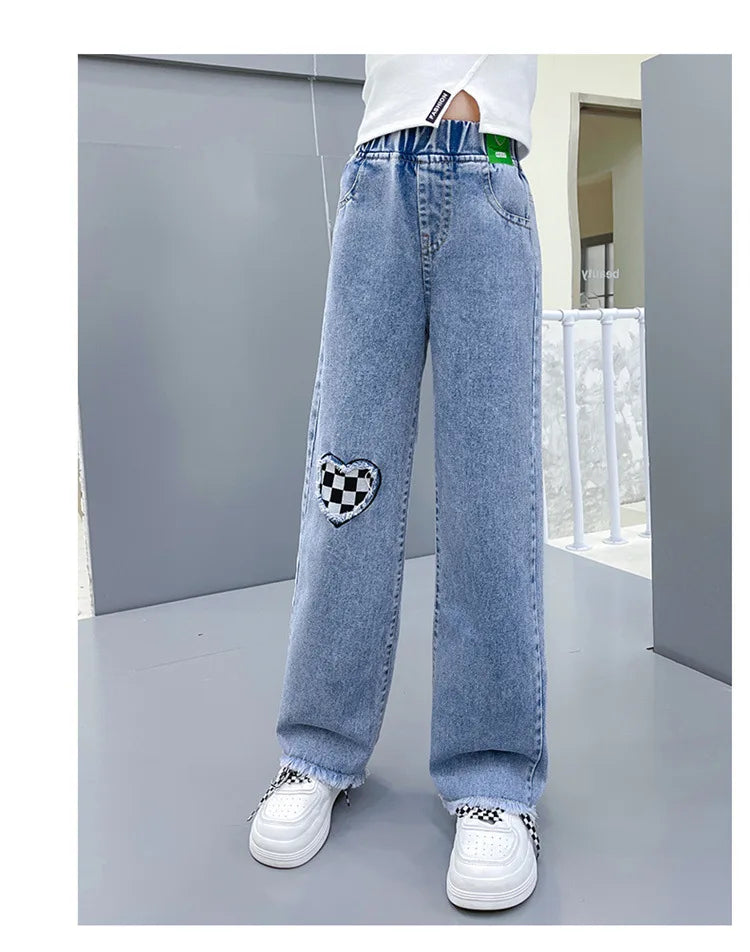 Jeans For Girsl, Teenage Clothes, Elastic High Waist Denim Wide Leg Pants Spring 5-14Y