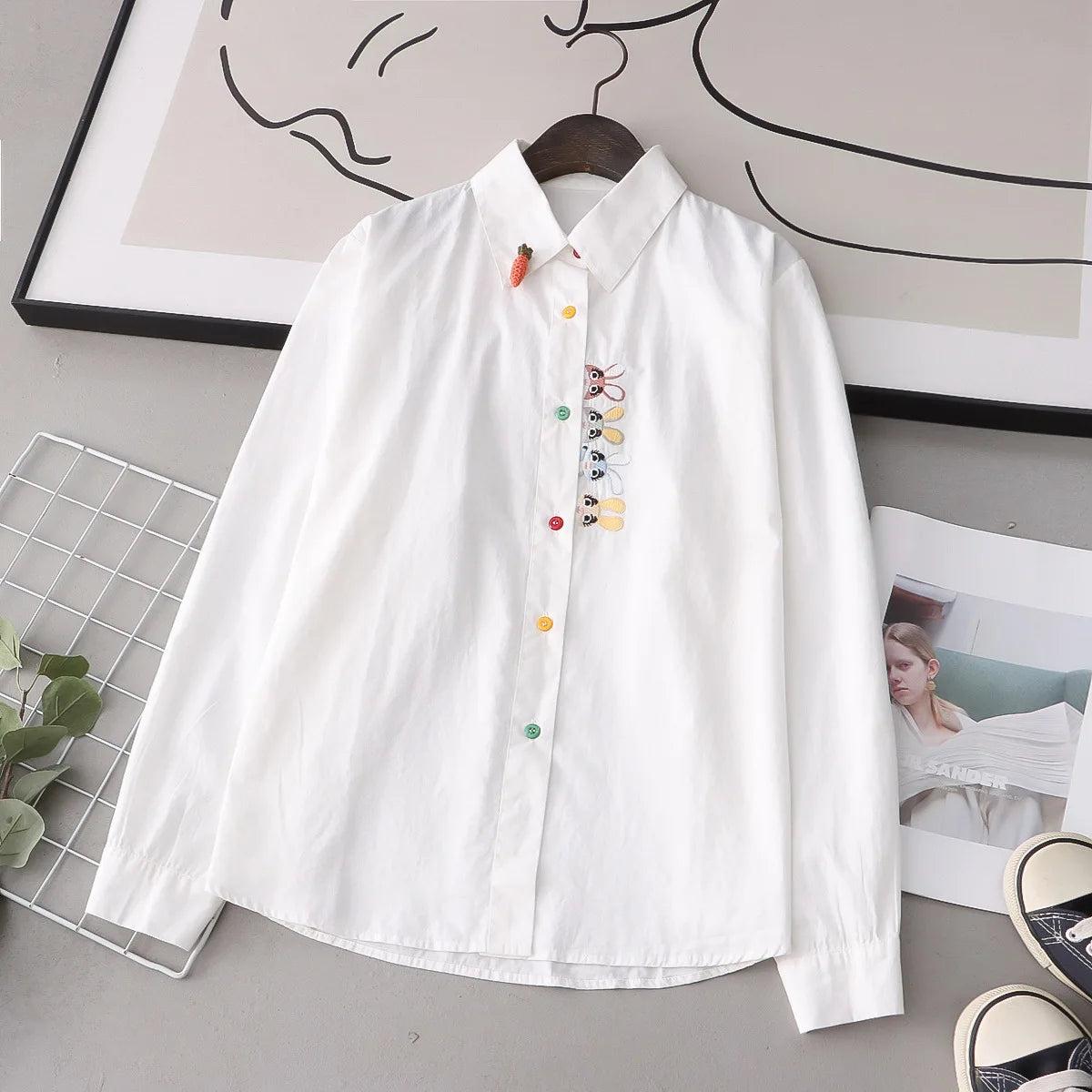Cotton White Shirts for woman, Cute Embroidery, Rabbit Tops, Turn Down Collar, Button Long Sleeve Straight Blouse KilyClothing