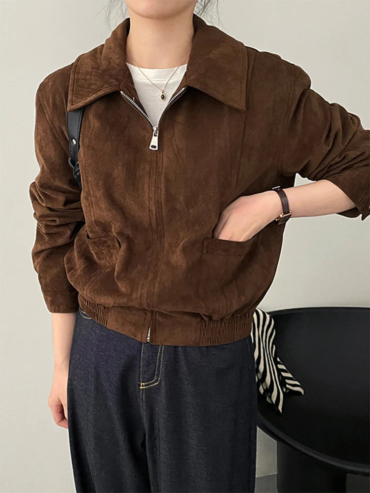 Korean Style Jackets For Women Lapel Zipper Cardigan Long Sleeve Vintage Coats KilyClothing