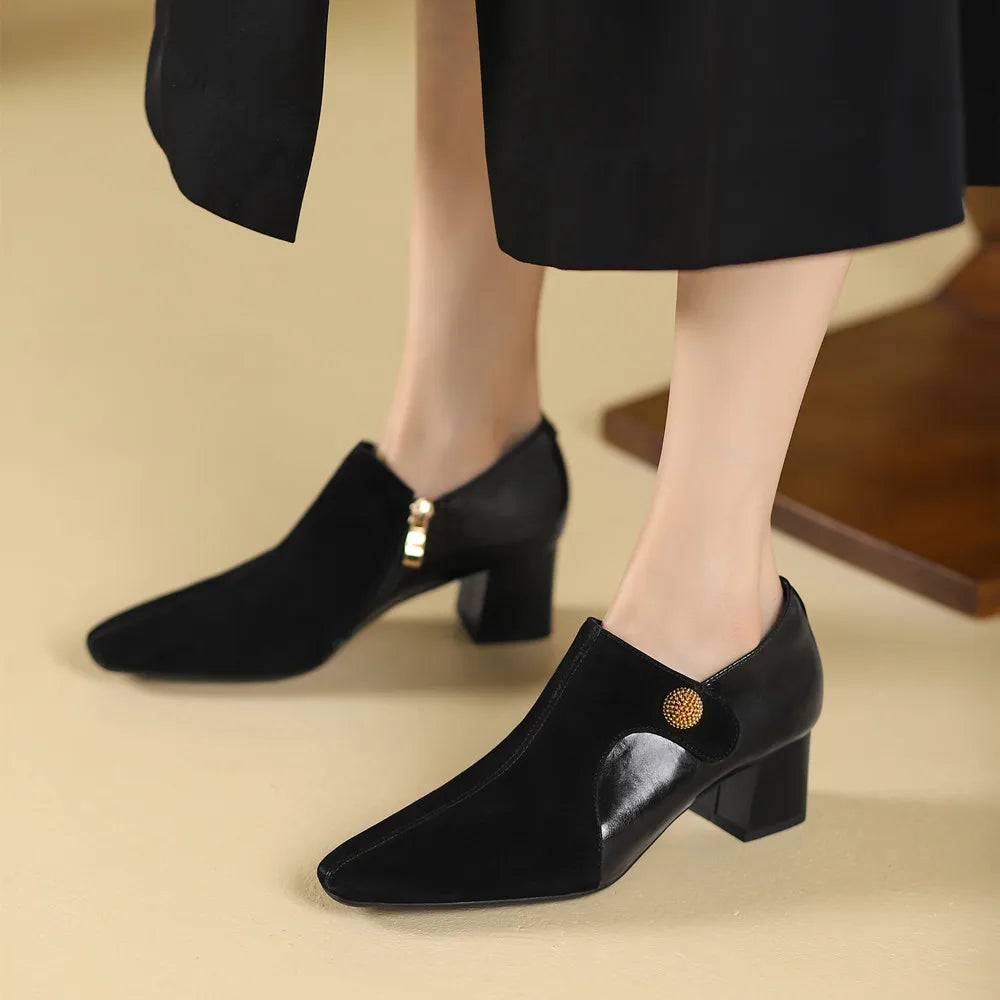 Retro Style Women Pumps Thick Heels Side Zipper Splicing Genuine Leather Spring Summer Office Lady Working Shoes Woman KilyClothing