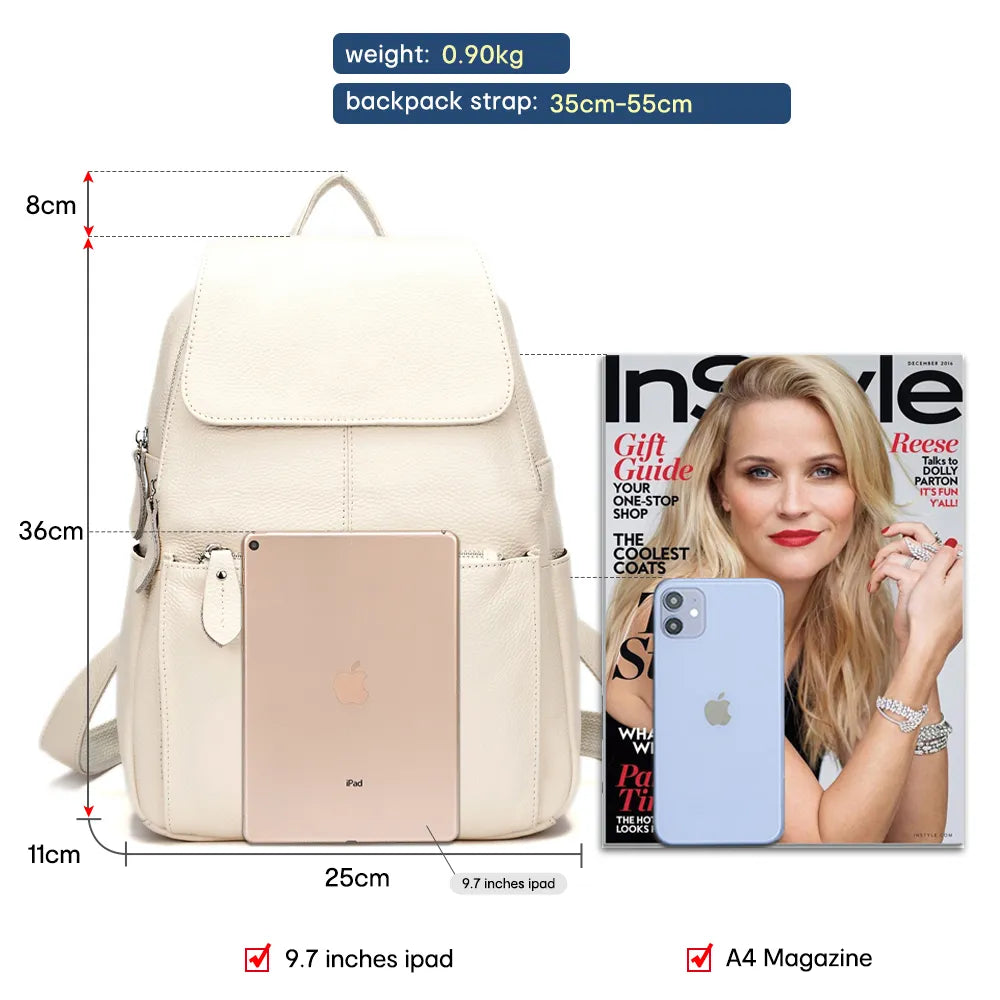 Zency White Leather Women Backpack A+ High Quality Daily Large Capacity Travel Bag Knapsack Schoolbag Book For Ladies Beige Pink KilyClothing