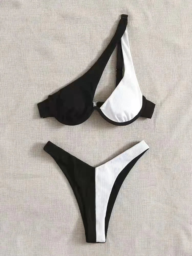 Two Pieces Solid Patchwork Underwire Push Up One Shoulder Cut Out Beachwear Swimwear Biqunis Brazilian Thong Bikini KilyClothing