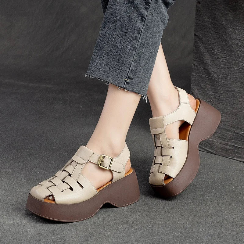 Platform Sandals for woman, Handmade Genuine Leather Ankle Strap Wedges Sandals Women Summer Height Increasing Shoes KilyClothing