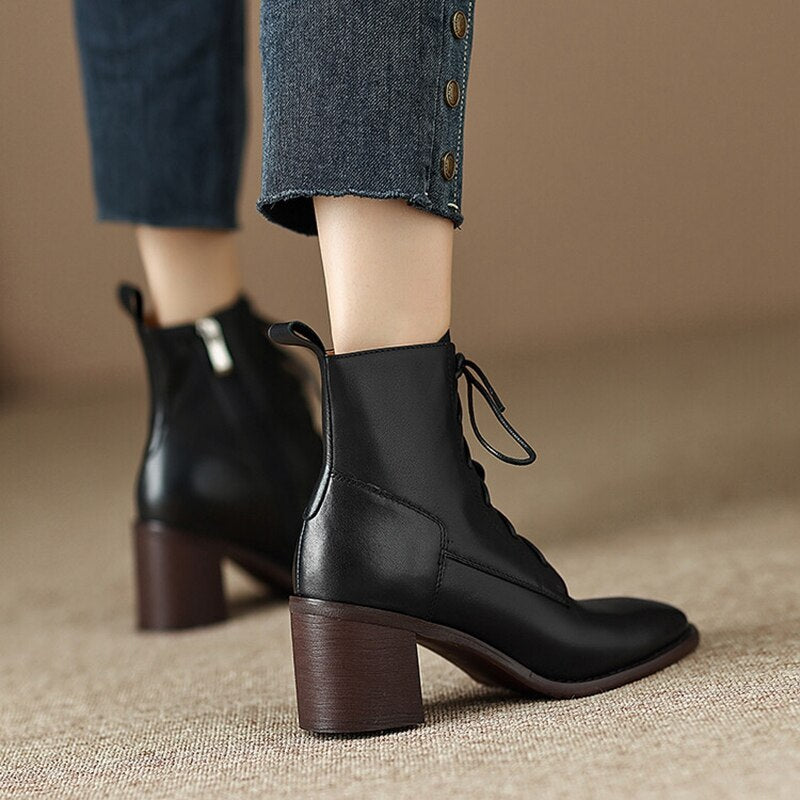 Genuine Leather Boots Square Toe Chunky Boots for Women Casual Winter ladies KilyClothing