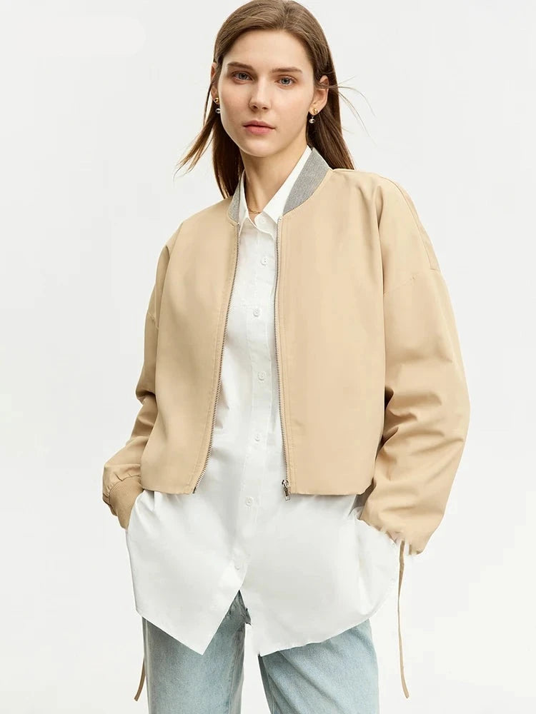 Abrigo deportivo minimalista para mujer, chaquetas cortas holgadas con cuello de béisbol empalmado, Top liso de manga larga 