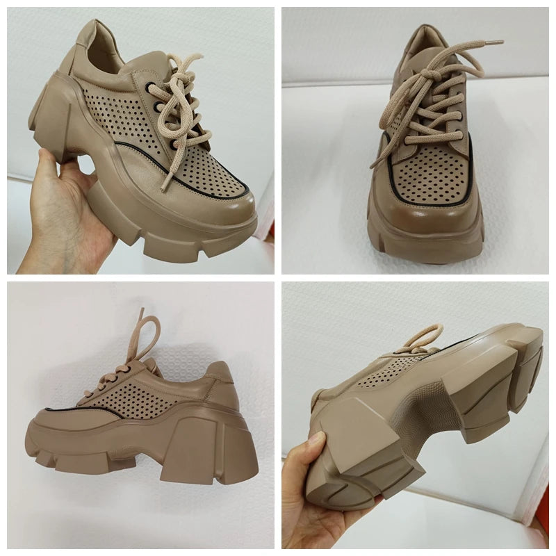 Genuine Leather Breathable Shoes 7 cms  Platform  Super Thick Hollow Sneakers Women Lace Up Fashion Summer Casual Moccasin KilyClothing