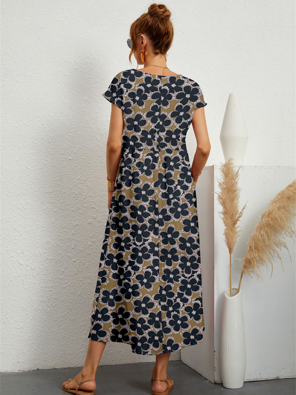 Casual Dresses Fashion Style Short Sleeve Print O-neck Fold with Pockets KilyClothing