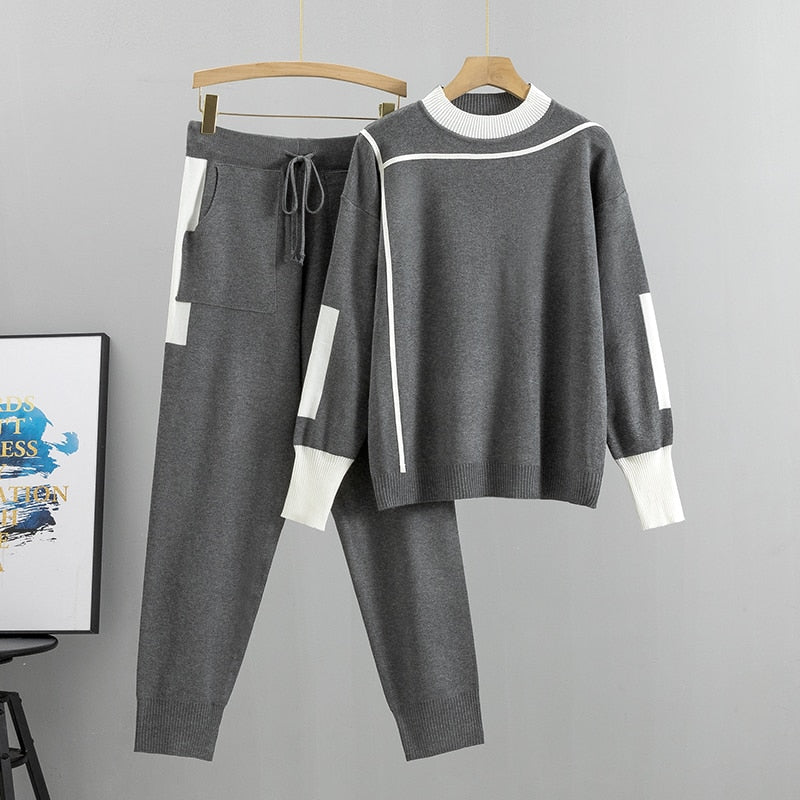 2 Pieces Set Knitted Long Sleeve Pullovers Sweater Casual Patchwork Fashion Women Tops and Pants KilyClothing