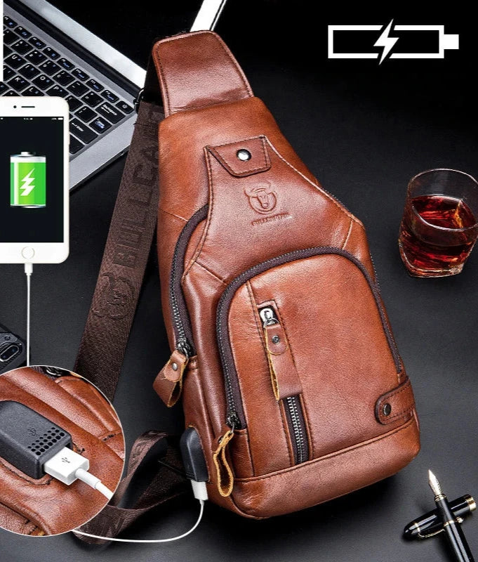 Leather Large Capacity Chest Bag Men's Shoulder Bag with USB Port