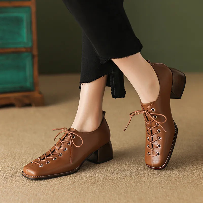 High Heel Square Toe Women Pumps Genuine Leather Concise Office Ladies Casual Lace-Up Shoes KilyClothing