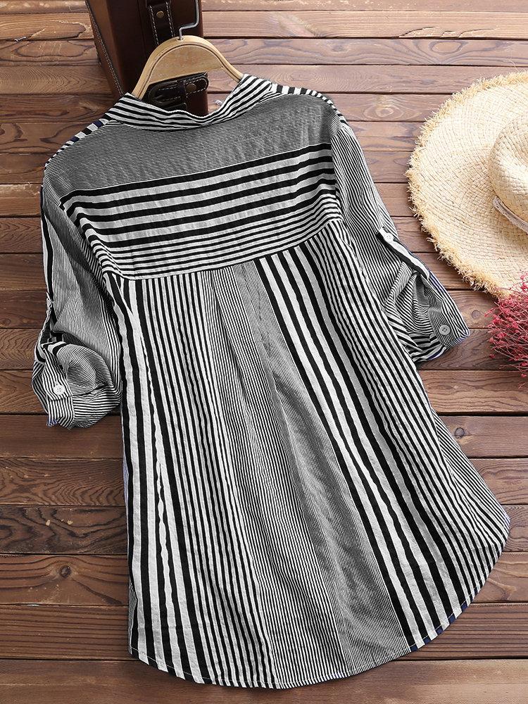 Cotton Linen Long Sleeves Roll Up Striped Casual V Neck Button Down Shirts Blouses Collar Tunic Tops KilyClothing