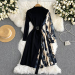 Pleated Knit Patchwork Winter Dress Print Retro Stand Neck Long Sleeve Belt KilyClothing