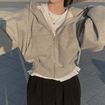 Hoodies Female Vintage Solid Short Long Sleeve Loose Jacket Coats Casual Zip Up Hooded Sweatshirts KilyClothing