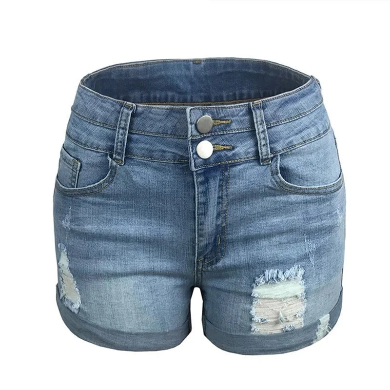 Fashion High Waist Double Button Splice Denim Shorts for Woman, Commuter Broken Holes Three Quarter Pants Female Casual Streetwear KilyClothing