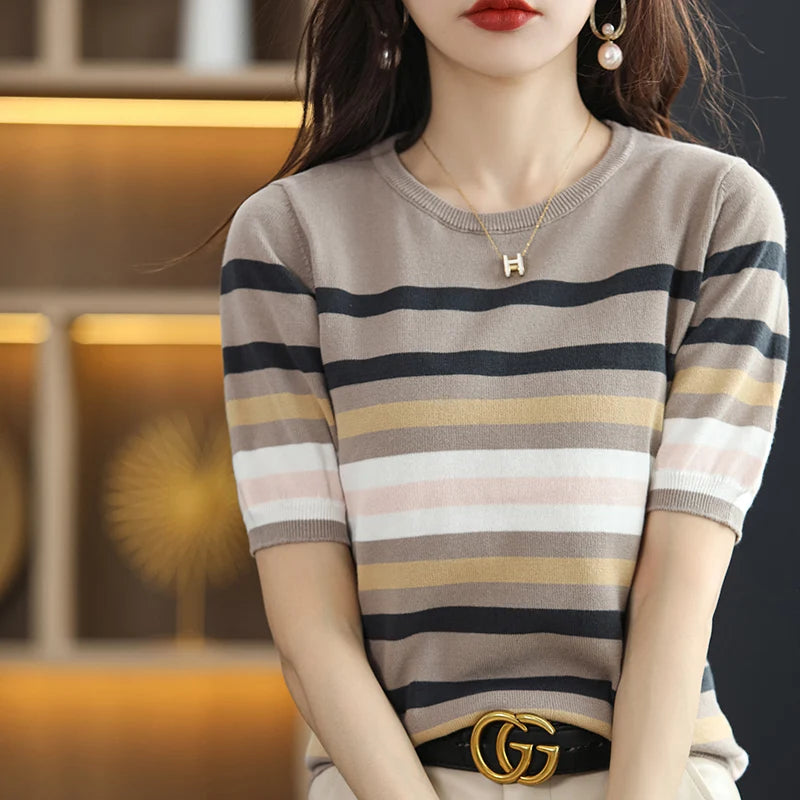 Short-sleeved knitted tshirt for Women, O-Neck Slim 100% Cotton, Striped Pullover, Casual Comfortable Sweater KilyClothing