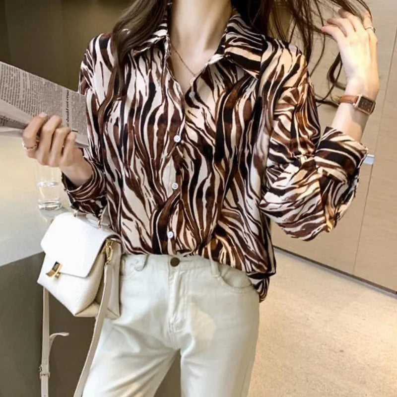 Casual Korean Buttons Turn-down Collar Long Sleeve Blouse Printing Women's Shirt Office Lady