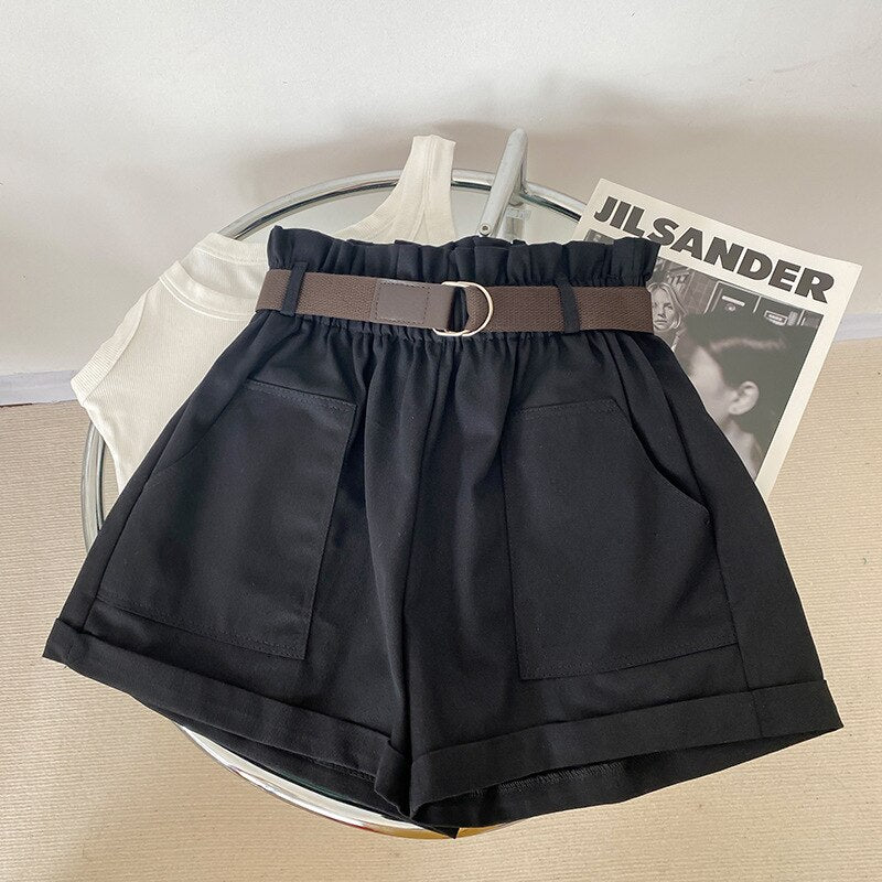 Shorts Korean High-waisted Slim Solid Color Wide Leg Shorts with Belt Casual Shorts KilyClothing