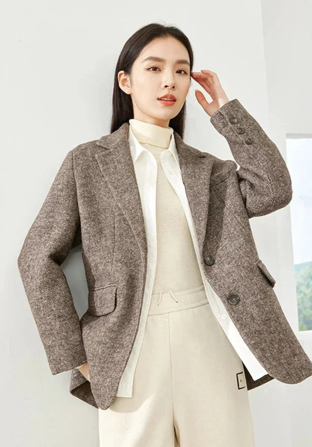 Women's Wool Blend Quilted Tailoring Blazer, Notched Collar Coat Office Lady Straight Elegant Jacket