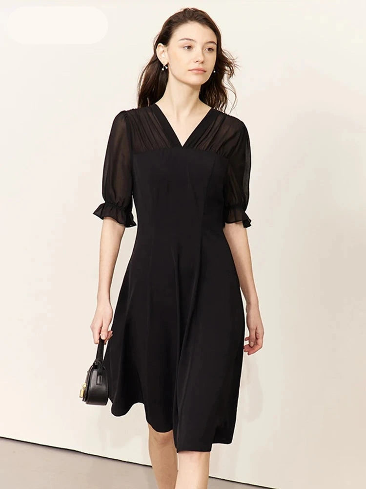Vestido de mujer con cuello en V y mangas abullonadas, Vestido informal liso negro de gasa para primavera