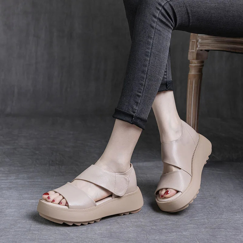 Women Platform Sandals for Summer. Wedges Heel Open Toe Shoes 100% Genuine Leather Casual Sandals Female Handmade Retro KilyClothing