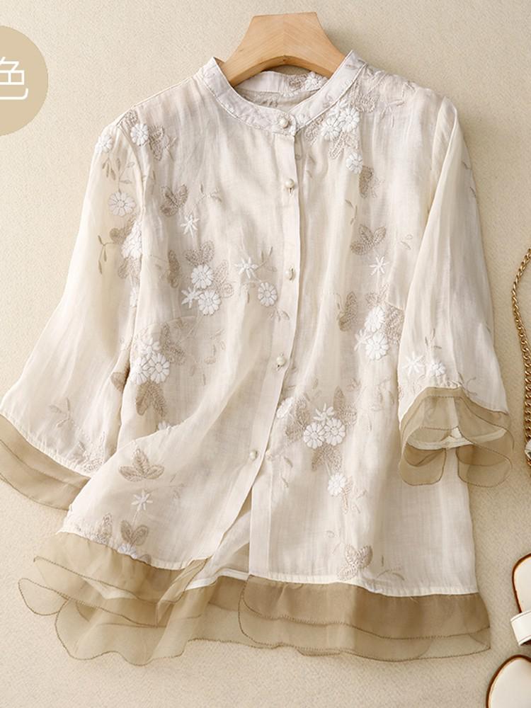 High Quality Embroidery Shirt Women Vintage Style Half High Collar KilyClothing