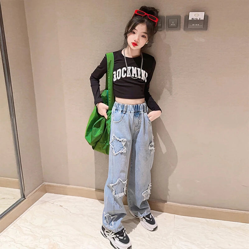 Teenager Girls Denim Wide Leg Pants, Star Pattern Girls Jeans 5-14 Years