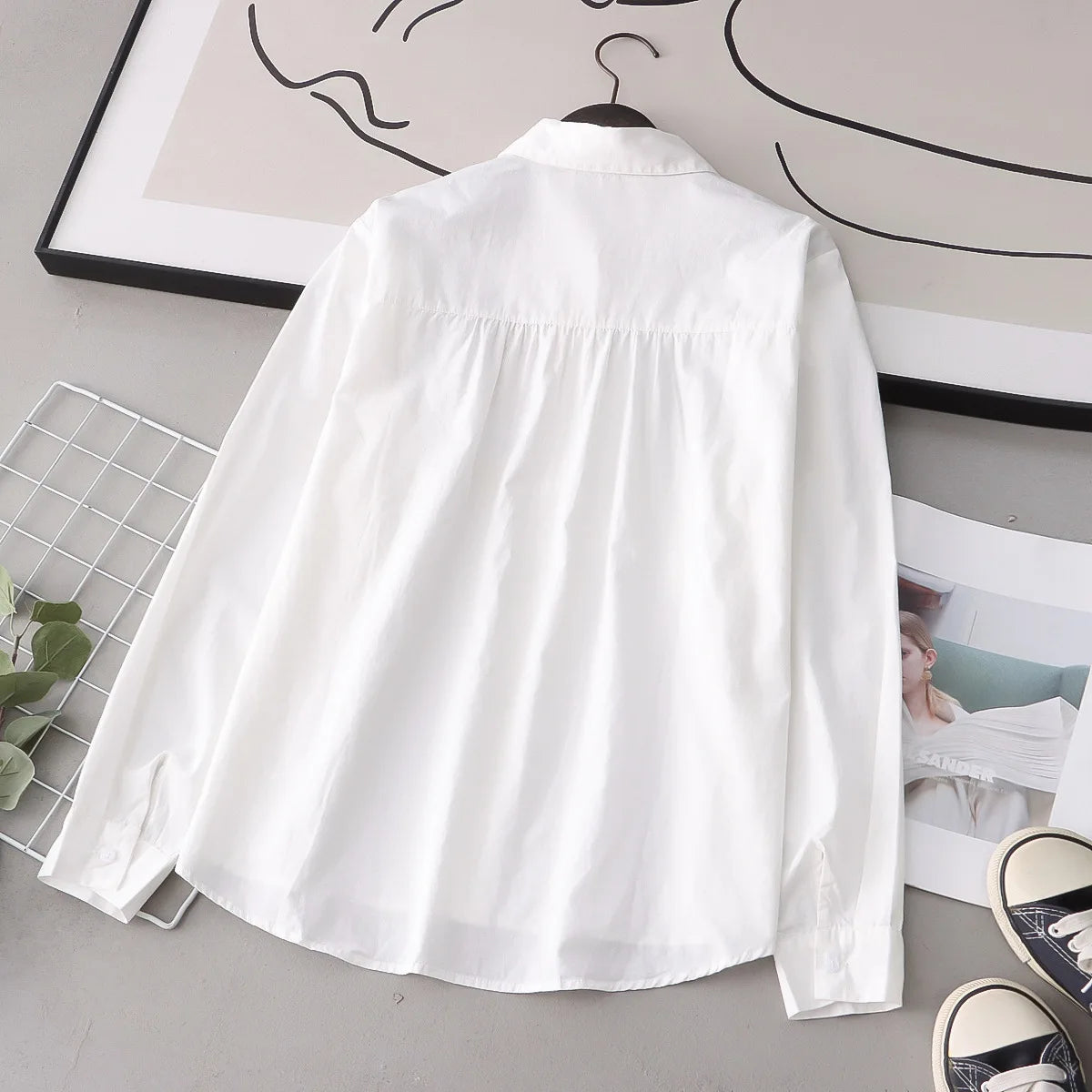 Cotton White Shirts for woman, Cute Embroidery, Rabbit Tops, Turn Down Collar, Button Long Sleeve Straight Blouse KilyClothing