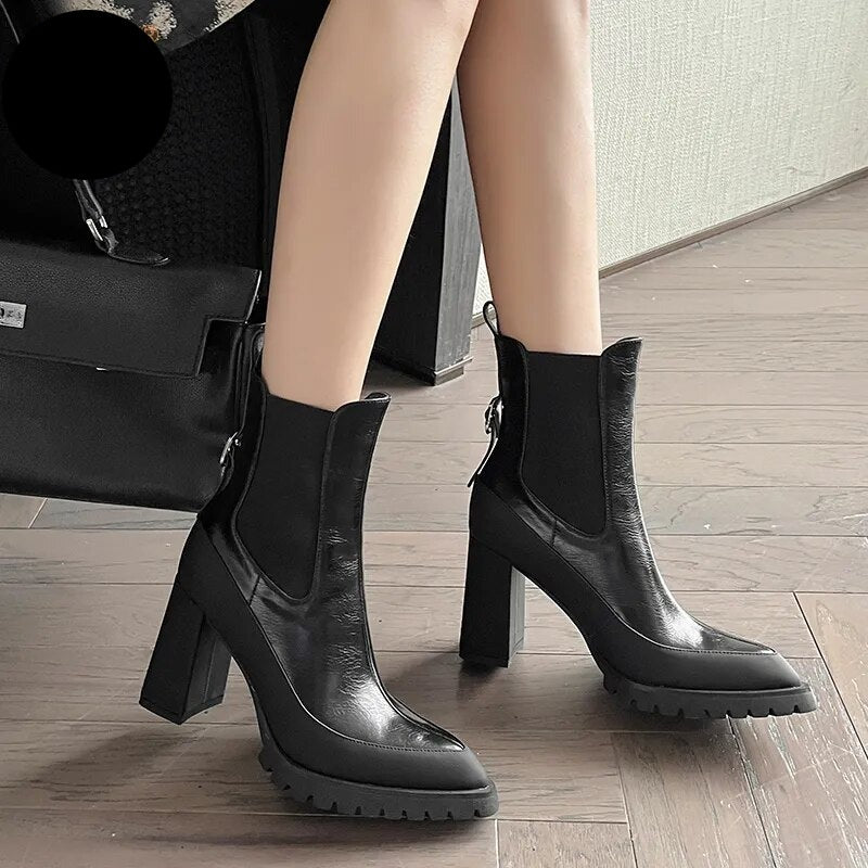 Genuine Leather Autumn Winter Warm Ankle Boots Chunky High Heels Platform KilyClothing